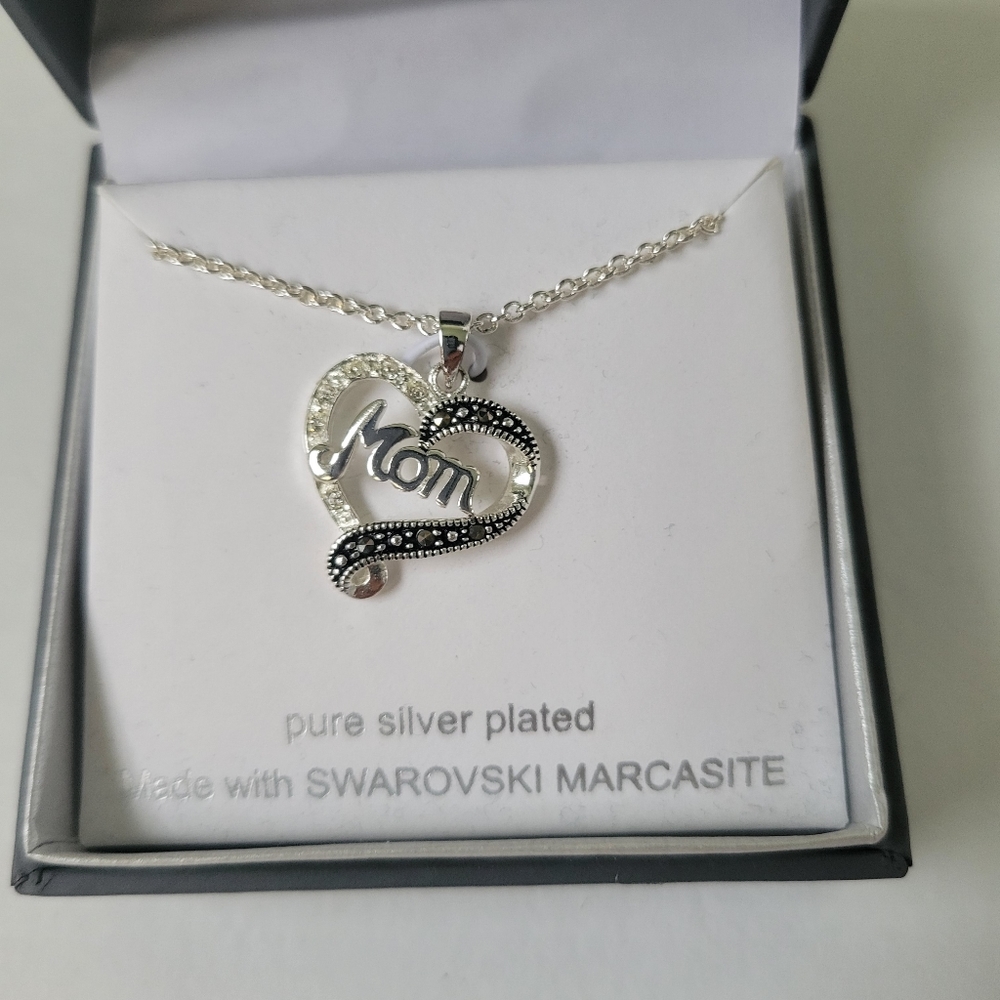 Sparkle Allure Silver Plated Mom Heart Pendant Necklace With